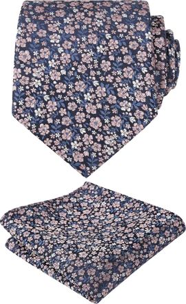 Alizeal Mens Floral Patterned Wedding Party Tie with Pocket Square 8cm Colorful Classic Business Tie Set, Navy+Blush