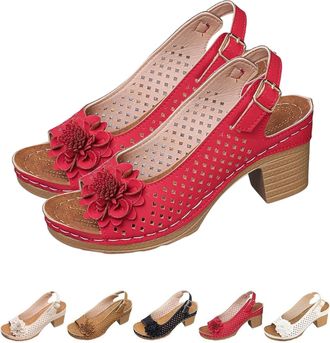 Generic Buckled Square Heel Sandals for Women, 2025 New Low Slingback Peep Toe Dress Sandals, Chunky Heeled Wedge Shoes (Red,40)