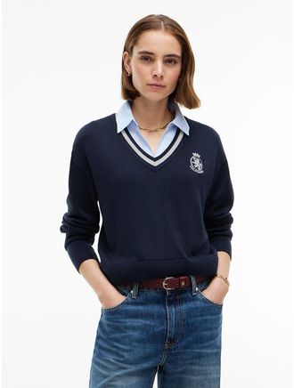 Tommy Hilfiger Womens Layered-Look Crest Logo Sweater - Navy Blue - XXL