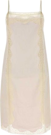 Prada Womens Lace-Trimmed Linen Dress Beige Trochusniloticus