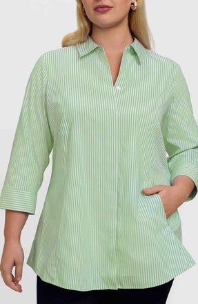 Foxcroft Cici Stripe Cotton Tunic Blouse in Mojito Green/White at Nordstrom, Size 16W