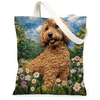 Generic Spring Golden Doodle Dog Canvas Tote Bag for Shopping 13x15, Knitting Style Garden Puppy Reusable Grocery Print Pattern Bag for Women, Fun Pet Beach A