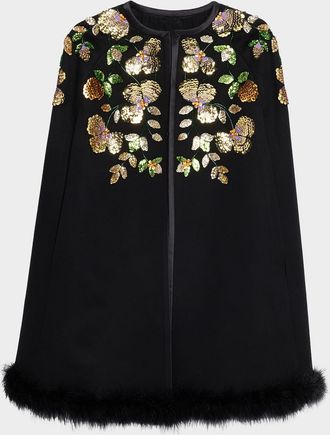 Valentino Garavani Embroidered Cashmere Cape With Feather Trim