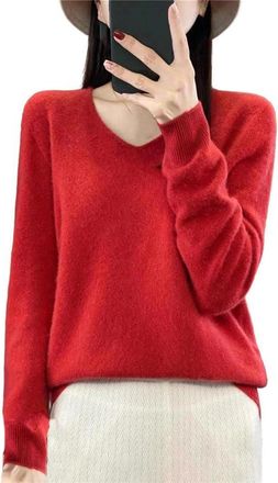 Generic Merino Wool Sweater Women V-Neck Long Sleeve Pullover Fall Winter Basic Soft Pullover Red