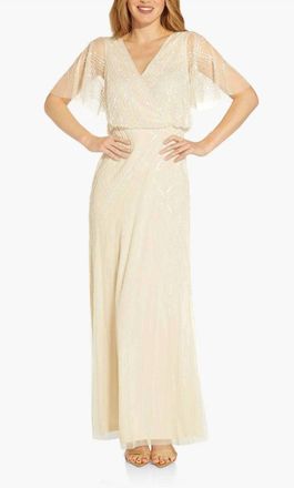 Adrianna Papell Beaded Flutter Sleeve Evening Dress In Sand Shell