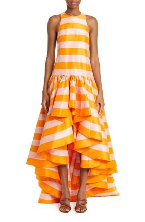 Zimmermann Tama Stripe High-Low Silk Dress in Tangerine Stripe at Nordstrom, Size 0