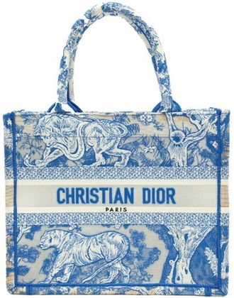 Dior Book Tote Embroidered Leather Blue Canvas Handbag (Pre-Owned)