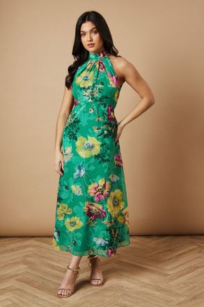 Oasis Womens Floral Satin Burnout Halterneck Midi Dress - Green - Size 14 UK