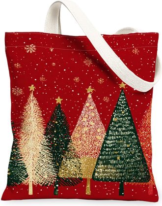 Generic Christmas Trees Canvas Tote Bags, Holiday Forest Design Reusable Bags, Vintage Lightweight Washable Shoulder Strap Canvas F, Red, 13x15 Inch