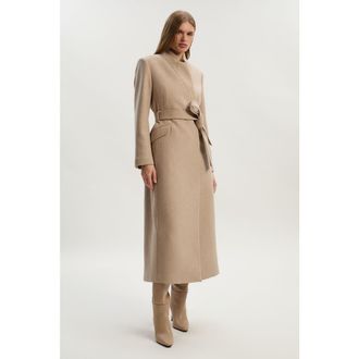 Karen Millen Wool Notch Neck Tailored Maxi Coat in Oatmeal at Nordstrom, Size 10
