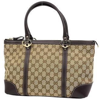 Gucci Beige Brown Gg Canvas Leather Tote Bag (Pre-Owned)