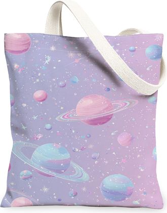 Generic Cosmic Planets Canvas Tote Bags, Fanciful Galaxy Print Reusable Grocery Bags, Lightweight Washable Shoulder Strap Canvas Fo, Violet, 13x15 Inch