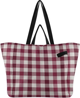 Generic Rose Red Plaid print Reusable Canvas Tote Bag, Heavy Duty Grocery Shopping Bag with Hard Bottom Double Handles Large Capacity Work Groceries Travel