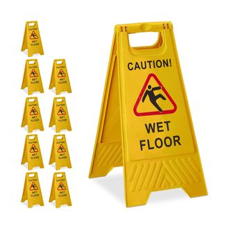 Relaxdays 10 X Carteles Suelo Mojado En Ingl&eacute;s, Caution Wet Floor, Se&ntilde;al Pavimento Resbaladizo, 2 Caras, Pp, Amarillo