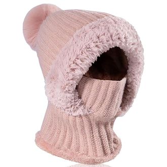 Generic Winter Warm Knitted Cap with Neck Warmer for Women, Winter Woolly Hat with Warm Fleece Linning, Windproof Balaclava Hood Hat for Women (Pink)