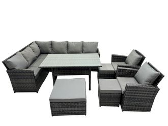 Fimous 11 Seat Dining Table Corner Sofa Set with 3 Stool 2 Chairs in Dark Grey