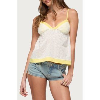 Edikted Mavie Eyelet Camisole in Yellow-And-White at Nordstrom, Size X-Small