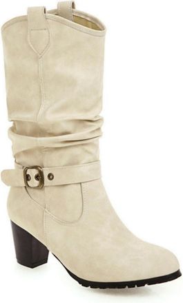 Generic Womens Lined Mid-Calf Boots with Block Heel, Fashionable Slouch Boots Made of PU Leather with Buckle Straps Round Toe Slip-On Shoes Autumn Winter Shoe