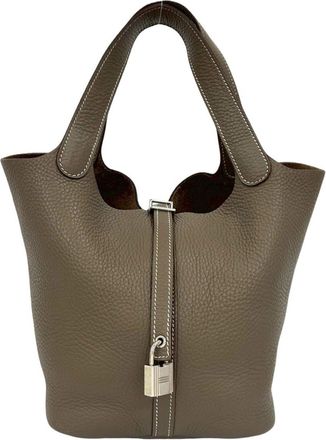Herm&egrave;s Beige Gray Taurillon Clemence Leather Handbag Tote Bag (Pre-Owned)