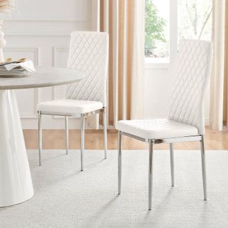 Furniturebox Set of 4 Milan High Back Soft Touch Diamond Pattern Faux Leather Dining Chairs With Silver Chrome Metal Legs in White