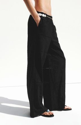 Mango Eyelet Embroidered Cotton Trousers in Black at Nordstrom, Size Medium