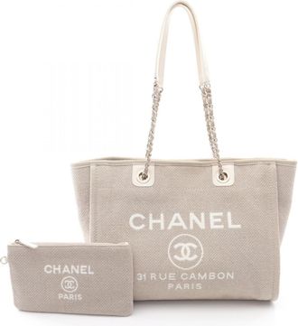 Chanel Beige White Canvas Pouch Tote Bag (Pre-Owned)