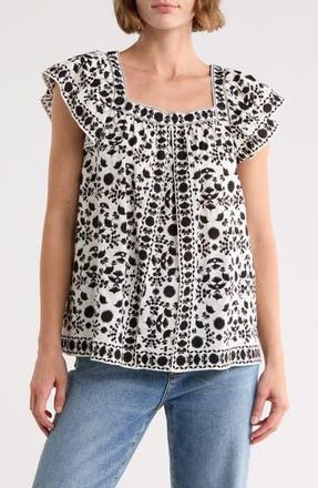 Max Studio Flutter Sleeve Top in Cream/Black Stitch Floral at Nordstrom Rack, Size X-Large