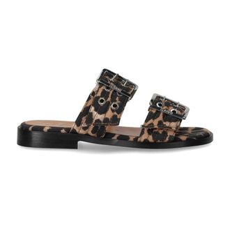 Ganni Sliders, female, Brown, 4 UK, Animalier Flat Sandal with Buckles