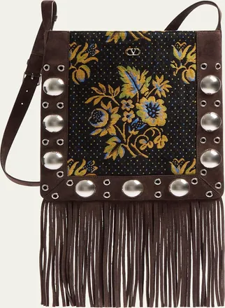 Valentino Garavani Mens Nellcote Suede and Jacquard Fringe Crossbody Bag