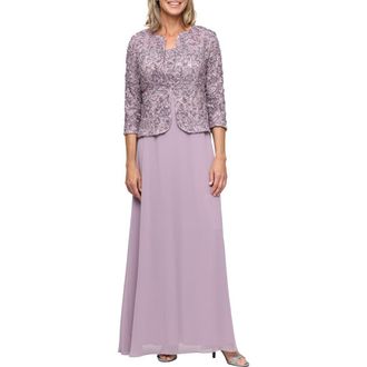 Alex Evenings Sequin Soutache Lace Empire Waist Chiffon Gown with Jacket in Wisteria at Nordstrom, Size 16