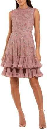 Mac Duggal High Neck Sleeveless Beaded Dress With Ruffled Hem in Antique Rose at Nordstrom, Size 14