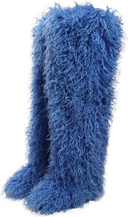 Generic Fluffy Thigh High Boots, Over the Knee Fluffy Boots for Women, 28cm (Blue,5.5)