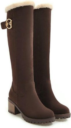 Generic Womens Knee-High Winter Boots, 6Cm Block Heel Long Shaft Boots Warm Lined High Boots with Buckle Straps And Side Zipper Knight Boots for Outdoor Parti