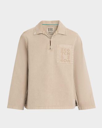 Scotch & Soda Mens Washed Twill Half-Zip Overshirt with Logo Pocket