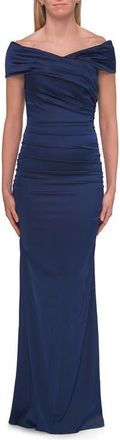 La Femme Off-the-Shoulder Ruched Satin Evening Gown in Navy at Nordstrom, Size 10