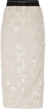 Semicouture Sequined Midi Skirt with Elastic Waistband and Textured Fringes
