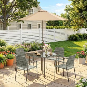 OUTSUNNY 4 Seater Rattan Dining Set with Parasol, Light Grey