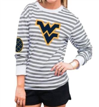 Gameday Couture West Virginia University Striped Elbow Patch Tee In White/grey