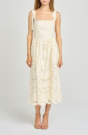 Wayf Kassi Floral Embroidered Tie Shoulder Cotton Midi Dress in Antique Ivory at Nordstrom, Size X-Large