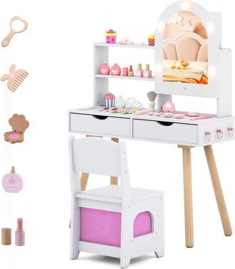 Costway Kids Vanity Set Pretend Play Dressing Table Set w/Mirror Cabinet-White