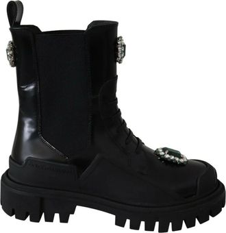 Dolce & Gabbana Leather Crystal Combat Boots - Dames - Chelseaboots - Zwart - 35 EU - Leer - Schoenen