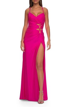 La Femme Jersey Long Prom Dress with Trendy Waist Cutouts in Neon in Neon Pink at Nordstrom, Size 0