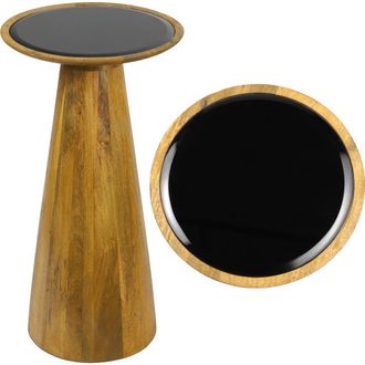 Jonathan Y Designs Linden 21.5 Farmhouse Industrial Mango Wood Drink Table and Decorative End Table with Round Black Glass Top and Cone Pedestal Base in
