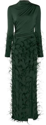 Sally Lapointe Abito lungo in jersey decorato con piume - Verde