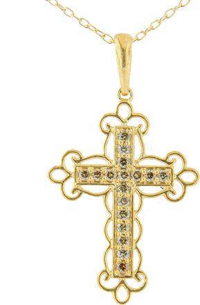 House of Brilliance 10K Yellow Flashed.925 Sterling Silver 1/4 Cttw Champagne Diamond Filigree Cross Pendant Necklace
