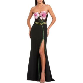 Mac Duggal Strapless Sheer Bustier Crystal Flower Gown in Black at Nordstrom, Size 10