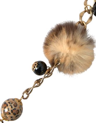 Dolce & Gabbana Womens Gold Brass Leopard Fur Pearl Collier Chain Belt Black