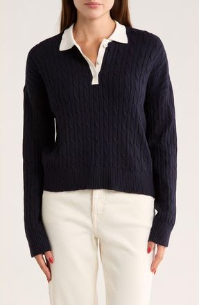 RDI Cable Knit Crop Polo Sweater in Dark Storm at Nordstrom Rack, Size X-Small