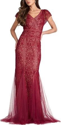 Tadashi Shoji Lace V-Neck Gown in Midnight Merlot at Nordstrom, Size 14