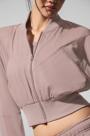 Alo | Cropped Air It Out Bomber Jacket in Taupe Beige, Size: Small